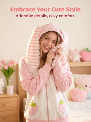 Pink Small Women's Y2K Bunny Ear Hoodie Harajuku Kawaii Baggy Jacket