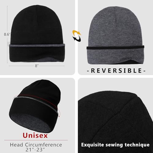 Unisex Reversible Winter Beanie Hat - Soft Warm Knitted Cap - Black & Grey