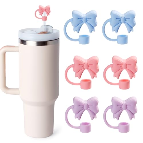 6PCS Cute Bow Straw Covers for Stanley 30 & 40 Oz Tumblers - Pink, Blue, Purple