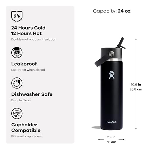 Hydro Flask 24 oz Insulated Stainless Steel Water Bottle with Wide Mouth & Leakproof Straw Lid
