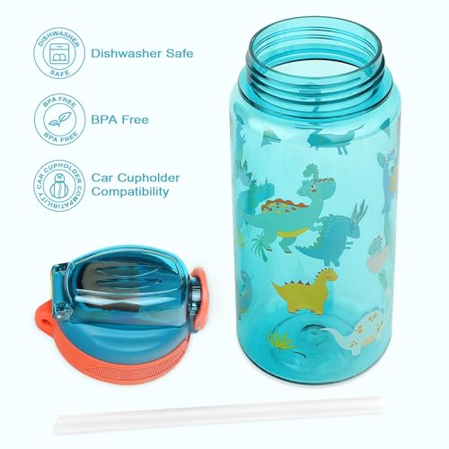 Wooshwa 20 Oz Kids Water Bottle with Flip-Lid, 591 ml (Excavator & Dinosaur) Pack of 2