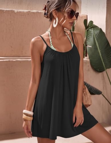Ekouaer Women's Black Medium Swimsuit Cover Up with Spaghetti Straps and Pleated Neck