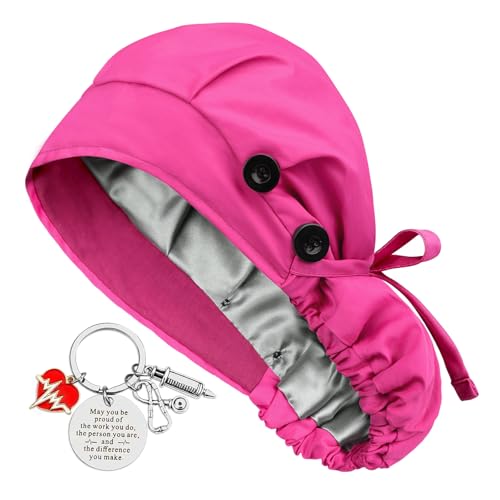 Satin Lined Scrub Cap for Women with Ponytail Button Closure - Pink (Hachapy)