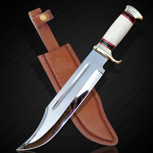 RISING CRAFTS Bone Crocodile Dundee Bowie Knife 14-inch Mirror Polished Hunting & Survival Knife with Leather Sheath – Outdoor Tactical Gift for Men