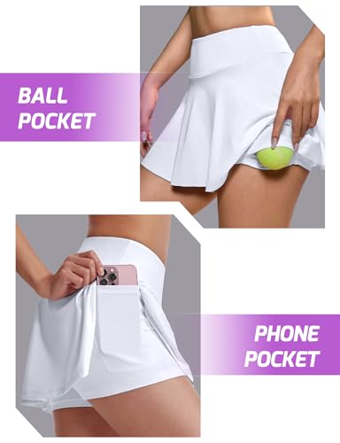 Women's High-Waisted Pleated Tennis Skort with Pockets - White XX-Large