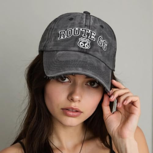 FANPOI Vintage Washed Cotton Baseball Cap for Women & Men - Black, Medium-Large, Route 66 Embroidered Sun Protection