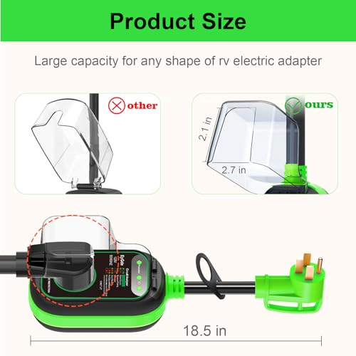 EyGde 50A to 30A RV Adapter with Surge Protector – Patented 4500J, IP67 Waterproof Cover, Circuit Analyzer, Green (50M/30F)