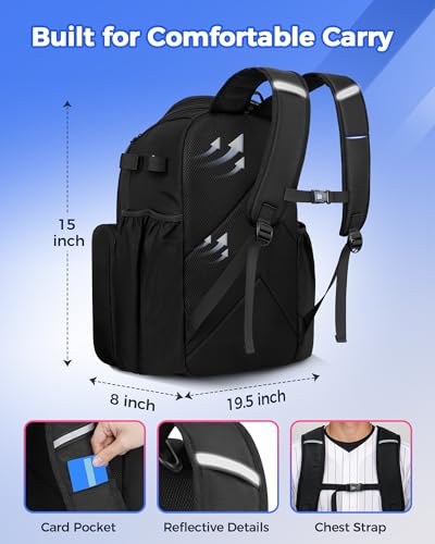 MATEIN PRO Youth Baseball Backpack Black with Collapsible Shoe Compartment & Bat Holders