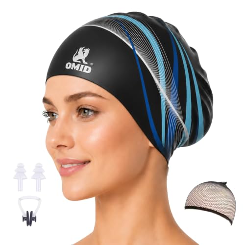 OMID Extra Large Silicone Swim Cap for Long Thick Hair Women Black Waterproof Non-Slip Pool & Beach Use