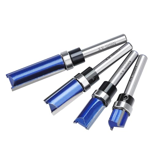 4PCS Router Bit Set, Top Bearing Flush Trim Router Bit 1/4" Shank,1/2" Diameter Flush Cut Router Bit for Woodworking Cutting Length 1/2", 3/4", 1", 1-1/2"