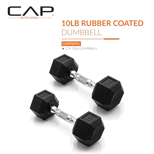 CAP 10 lb Chrome Handle Rubber Coated Dumbbell Set - Anti-Roll Hex Weights