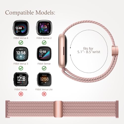 Maledan Magnetic Braided Stretchy Band for Fitbit Versa 4 & Sense 2, Pink, 5.51-8.66 Inch Wrist