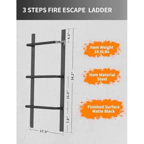 3-Rung Window Well Ladder, Heavy Duty Steel Basement Egress Ladder, Fire Escape Ladder for Emergency Home Safety(34.2" Lx17.9 W, Straight, Matte Black)
