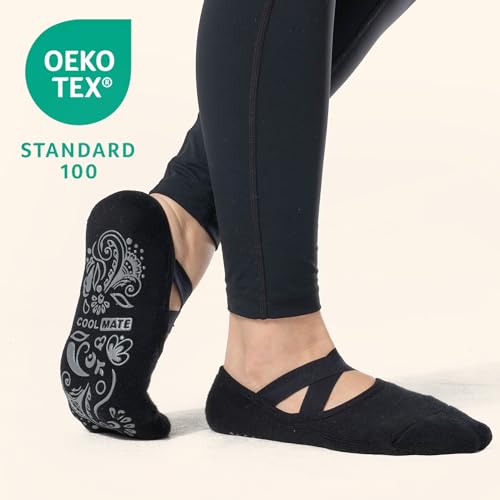 Pilates Socks with Grips for Women - Non-Slip, 2 Pairs Black/Beige