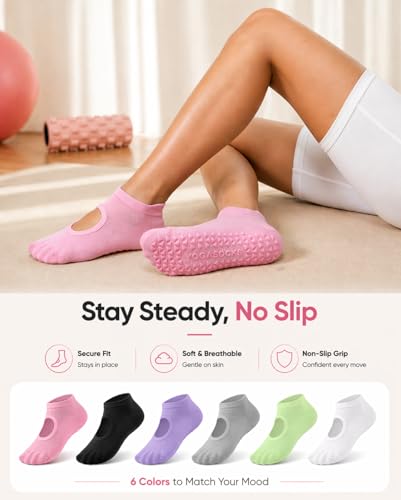 ALLIVE Pilates Socks with Grips for Women, Breathable Bamboo Non-Slip Yoga & Studio Socks, 6 Pairs in Black, White, Grey, Pink, Purple, Green
