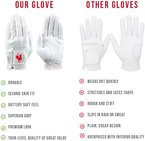 Red Rooster Sussex Premium Golf Glove - Ultra-Thin Cabretta Leather, White, Tournament Design