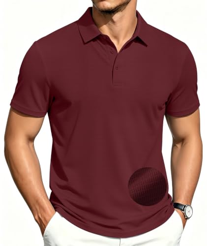 Men's Short Sleeve Performance Polo Shirt - Moisture Wicking Golf Tee, Large Wine Red
