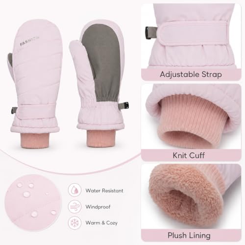 Winter Ski Mittens - Warm Water-Repellent Snow Gloves - Pink, Medium