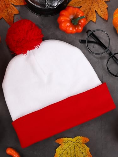 Halloween Red White Knit Beanie with Pompoms & Glasses - Small