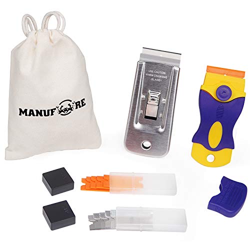 MANUFORE Portable Multi-Purpose Razor Blade Scraper for Cleaning Glass, Stove-top, Window, Floor(2 Scrapers, 5 Plastic Blades, 5 Stainless Steel Blades)