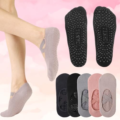 Pilates Socks with Grips for Women - 5 Pairs with X-Cross Straps