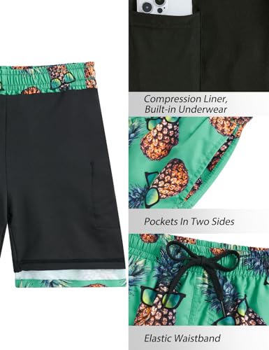 Boys Swim Trunks with Compression Liner & Pockets - 10-12 Years, Pineapple