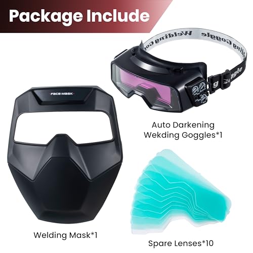 Meonum Auto Darkening Welding Goggles, Wide Rang Shade 4/5-9/9-13, Welding Glasses with Welder Mask and 10 Replacement Lenses, Adjustable Sensitivity work for TIG MIG ARC Plasma Cutting