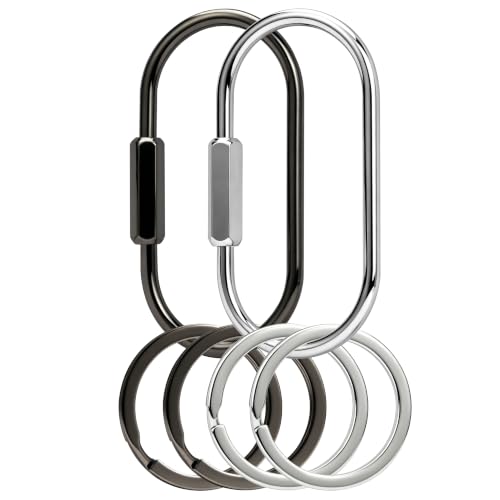 Gold Brass Key Rings - Screw Lock Organizer & Carabiner Keychain Clip - 2 Pcs Silver Black