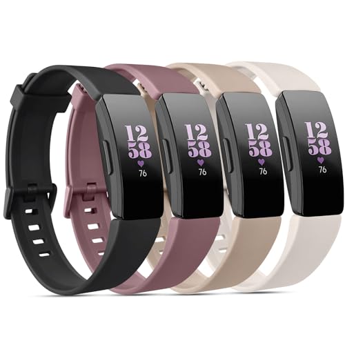 Fitbit Inspire 2 Bands - 4 Pack Adjustable Silicone Wristbands - Black, Smoky Purple, Starlight, Milk Tea