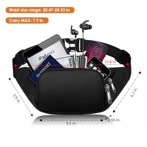 Large Fanny Pack for Women & Men - 3-Zipper Pockets - Black