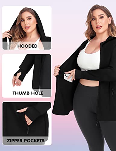 COOTRY Womens Plus Size Full-Zip Workout Jacket 3X A-Thumb Holes Black