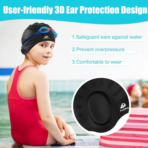 Alepo Kids Swim Cap 2 Pack Rose Red & Purple, 3-8/8-15 Years, Durable Silicone with 3D Ear Pockets