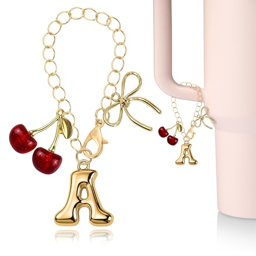 Gold Letter Initial Charm with Red Cherry for Tumblers