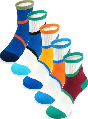 BliBliTaTa Boys Athletic Crew Socks 5-Pack - Cotton, Breathable, Seamless Toes, Size 4-18 Years, Yellow/Orange/Blue/Brown