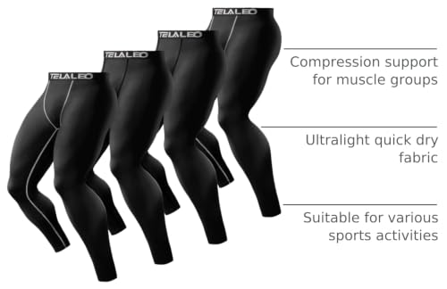 TELALEO Men's Compression Leggings Baselayer, 4 Pack Large Black