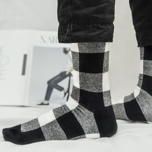Buffalo Plaid Cotton Crew Socks - Warm Hiking Casual 2-Pairs - Black+Black (10-14)