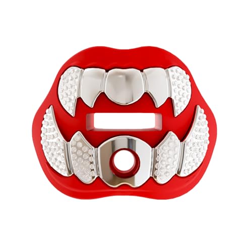 LeCool Football Mouth Guard with Connected Strap - 3D Chrome Beast Design, Red-Silver / With Diamonds