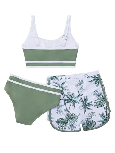 High Waist Color Block Bikini Set with Shorts - Green Palm, 10 Years