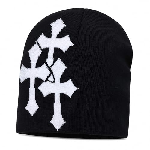 Y2K Beanie Hat for Men & Women - Black Cross Graphic Slouchy Cap - One Size