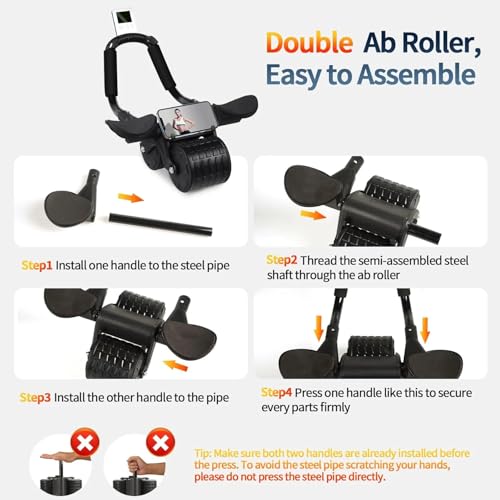 Elbow Support Ab Roller Wheel with Knee Mat & Timer - Black