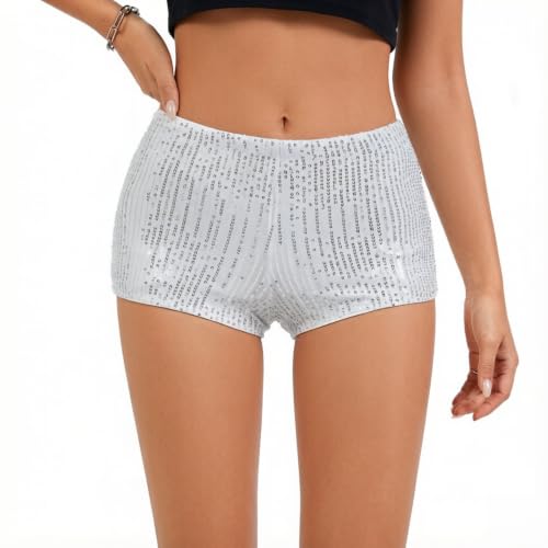 Women's White Sequin Micro Shorts X-Small Sparkly Low Rise Y2K Mini Shorts