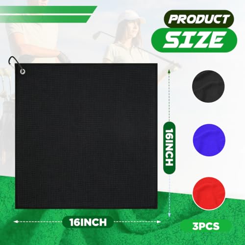 Golf Towel 3-Pack - 16x16 Microfiber Waffle Cleaning Cloth - Black/Blue/Red