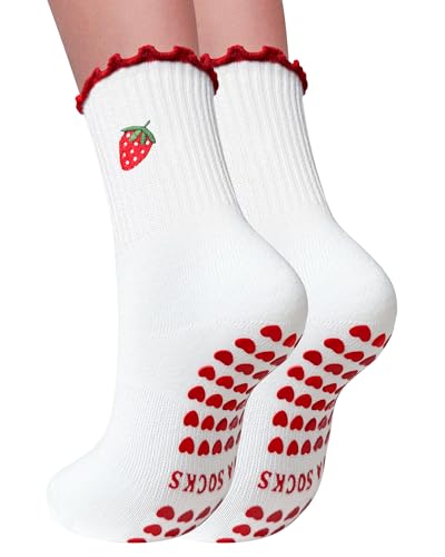 Non-Slip Pilates Grip Socks with Ruffle Trim - Strawberry, One Size