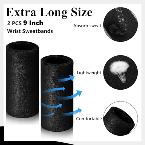 9-Inch Black Wrist Sweatbands - 2 Pack for Men & Women