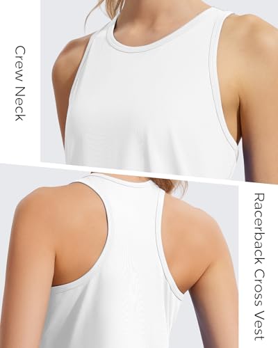 QILORA Womens Crop Workout Tank Top - White Medium Racerback Athletic Top