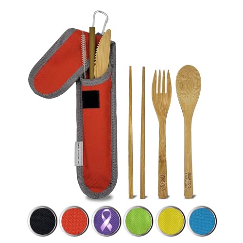 Bamboo Travel Utensil Set with Case - Fork, Spoon, Knife & Straw - Sunset Red
