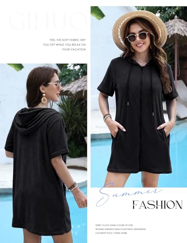Gihuo Large Black Terry Cloth Swim Cover Up for Women – Beach Robe & Pool Towel Dress