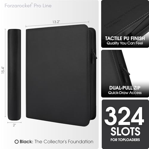 FORZAROCKET Black 9-Pocket Toploader Binder for Trading & Sports Cards, Zippered Ringless Album, PU Leather
