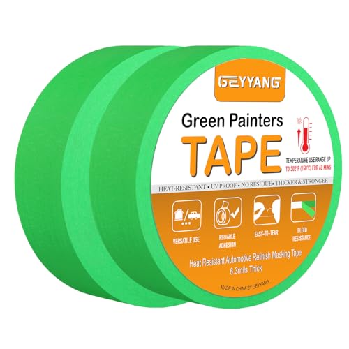GEYYANG Automotive Masking Tape - Heat Resistant Green Painters Tape for Auto Body Spray Painting, Multi-Surface Painters Tape for DIY, Labeling, Art, Car, 1.41 inch x 55 Yards, 2 Rolls