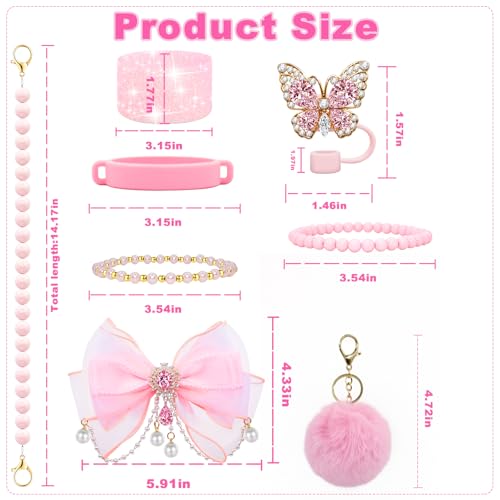 LBU Pink Bling Stanley Cup Accessories Set – 40/30/20 Oz Tumbler Charms & Bow Topper